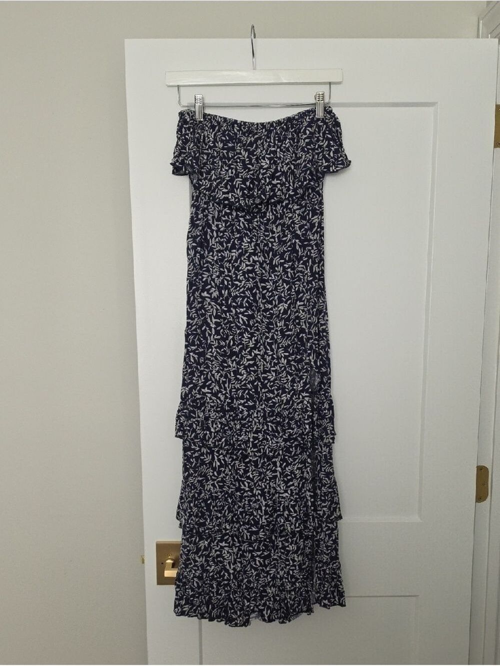 Off-Shoulder Navy & White Floral Maxi Dress